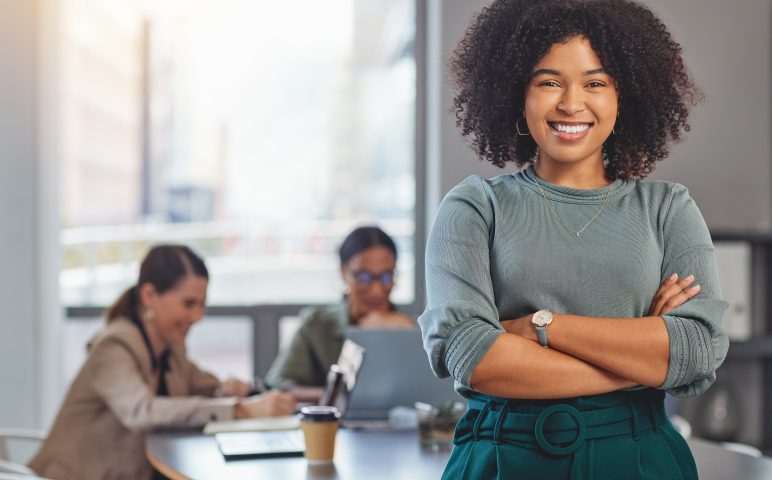 Happy, arms crossed and portrait of business woman in meeting for planning, smile and professional. Happiness, career and workshop with female employee in office for creative, confident and startup Happy, arms crossed and portrait of business woman in meeting for planning, smile and professional. Happiness, career and workshop with female employee in office for creative, confident and startup.